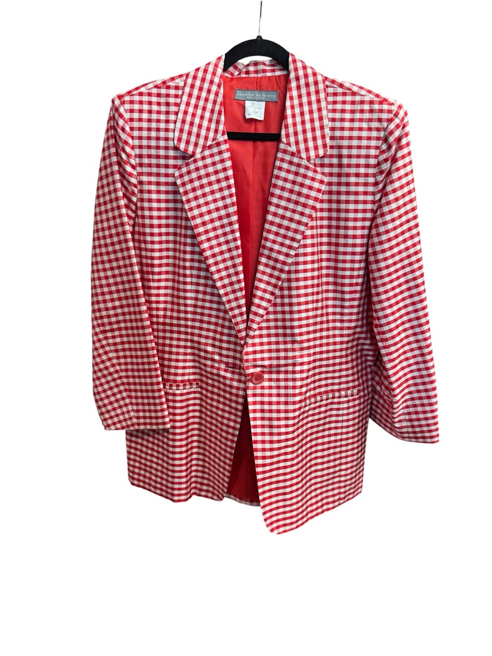 Jessica Holbrook 100% Silk Red Gingham Blazer Jacket Size 14 Preppy Cottagecore